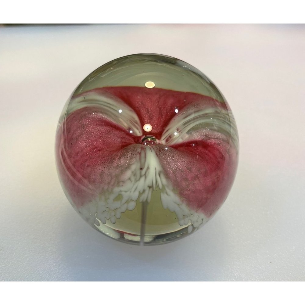 Vintage Glass Eye Studio Art Glass Paperweight PINK FLOWER 3"